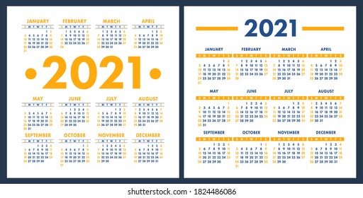 Calendar 2021 year set. Vector pocket or wall square calender design template collection. January, February, March, April, May, June, July, August, September, October, November, December