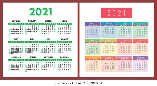 Calendar 2021 year set. Vector pocket or wall square calender design template collection. January, February, March, April, May, June, July, August, September, October, November, December