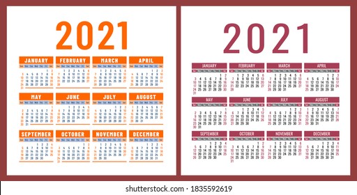 Calendar 2021 year set. Vector pocket or wall square calender design template collection. January, February, March, April, May, June, July, August, September, October, November, December
