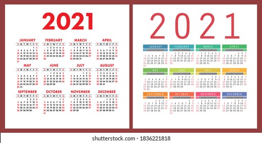 Kalenderjahr 2021 festgelegt. Kollektion von Vektortaschen oder Wandkalkalender-Designvorlagen. Januar, Februar, März, April, Mai, Juni, Juli, August, September, Oktober, Dezember