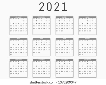 Calendar 2021 year simple style planner.  Grayscale symbols,grey tone.  Week starts from Monday. Vector illustration