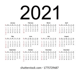 Kalender 2021 Jahr einfach Stil. Die Woche beginnt am Sonntag. Einzige Vektorgrafik auf weißem Hintergrund.