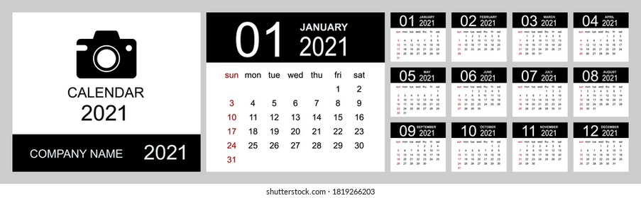 Calendar 2021 year. Simple Vector Template. Calendar design in black and white colors, holidays in red colors. Week Starts on Sunday. Vector illustration