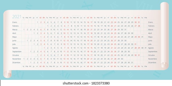 Calendar 2021 year in Spanish. 12 months line by line. Creative linear calendar on parchment. Horizontal Vector editable template
