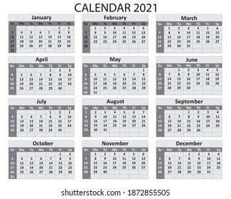 Calendar 2021 year for USA country In a portrait format without holidays,Abstract calendar layout for 2021 calendar design template,Week starts on Sunday,Printable Single Page calendar design 2021
