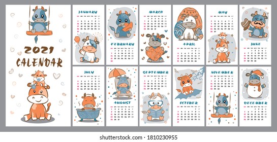 Calendar 2021 year. Vector design template set.