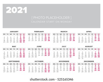 Calendar 2021 year vector design template, start on monday