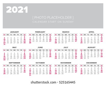 Calendar 2021 year vector design template, start on sunday