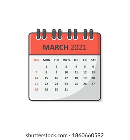 Calendar For 2021 Year Vector Icon Illustration. March 2021 Calendar Flat Icon