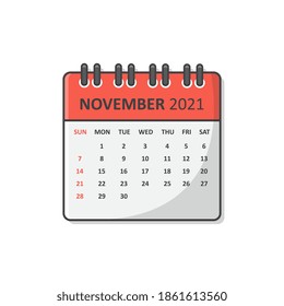 Calendar For 2021 Year Vector Icon Illustration. November 2021 Calendar Flat Icon