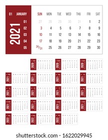 Calendar for 2021 year vector illustration. Basic grid colorful design. Organizer template in red, white and black colors. Business planner, organizer with flipboard text and numbers layout