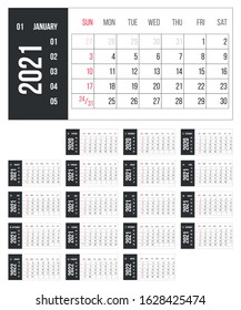 Calendar for 2021 year vector illustration. Basic grid colorful design. Organizer template in black, white and red colors. Business planner, organizer with flipboard text and numbers layout