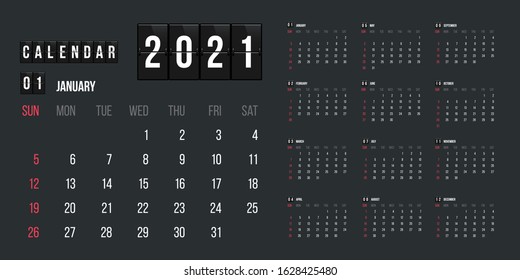 Calendar for 2021 year vector illustration. Basic grid colorful design. Organizer template in black, blue and red colors, Business planner, organizer with flipboard text and numbers layout