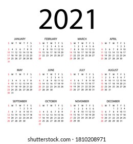 Calendar 2021 year - vector illustration. The week starts on Sunday. Annual calendar 2021 template. Calendar design in black and white colors, Sunday in red colors. Vector