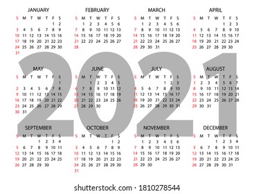 Calendar 2021 year - vector illustration. The week starts on Sunday. Annual horizontal calendar 2021 template. Calendar design in black and white colors, Sunday in red colors. Vector