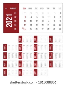 Calendar for 2021 year vector illustration. Basic grid colorful design. Organizer template in red, white and black colors. Business planner, organizer with flipboard text and numbers layout