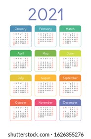 Calendar 2021 year. Vector kid's pocket or wall calender template. Simple design. Week starts on Sunday