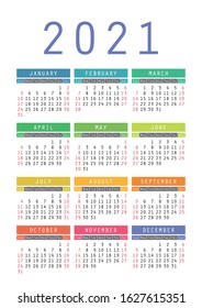 Calendar 2021 year. Vector kid's pocket or wall calender template. Simple design. Week starts on Sunday