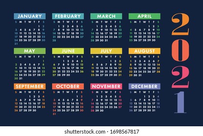 Calendar 2021 year. Vector kid's pocket or wall calender template. Simple design. Week starts on Sunday