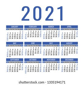 Calendar 2021 year. Vector pocket or wall calender template. Simple design. Week starts on Sunday. Blue and black colors