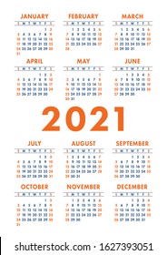 Calendar 2021 year. Vector pocket or wall calender template. Simple design. Week starts on Sunday