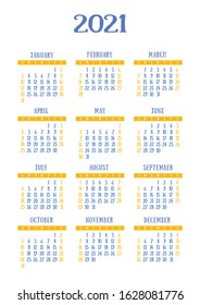Calendar 2021 year. Vector pocket or wall calender template. Simple design. Week starts on Sunday
