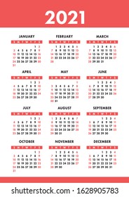 Calendar 2021 year. Vector pocket or wall calender template. Simple design. Week starts on Sunday