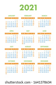 Calendar 2021 year. Vector pocket or wall calender template. Simple design. Week starts on Sunday