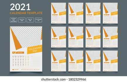 Calendar for 2021 year vector template.