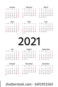 Calendar 2021 year. Vector. Week starts Sunday. Simple template of pocket or wall calenders. Yearly organizer. Stationery layout in minimal design. Portrait orientation, English.