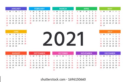 Calendar 2021 year. Vector. Week starts Sunday. Stationery template. Yearly calender organizer with 12 months. Layout grid in minimal design. Landscape orientation, English