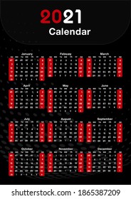 Calendar 2021 year. Vector. Week starts Sunday. Calendar layout. Stationery template. Yearly organizer in minimal design, English.