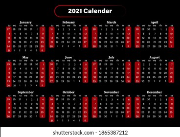Calendar 2021 year. Vector. Week starts Sunday. Calendar layout. Stationery template. Yearly organizer in minimal design, English.
