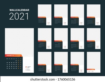 Calendario para 2021. Plantilla de planificador de calendario de pared. La semana comienza el lunes.Conjunto de 12 meses. Ilustración del vector