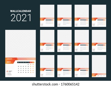 Calendario para 2021. Plantilla de planificador de calendario de pared. La semana comienza el lunes.Conjunto de 12 meses. Ilustración del vector