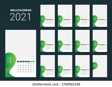Calendar for 2021 year. Wall calendar planner template. Week starts on Monday.Set of 12 months. Vector illustration