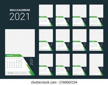 Calendar for 2021 year. Wall calendar planner template. Week starts on Monday.Set of 12 months. Vector illustration