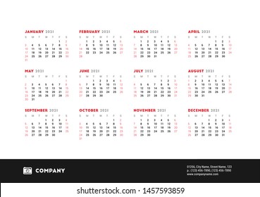 Calendar for 2021 year. Week starts on Sunday. Printable vector stationery design template