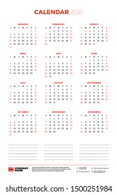 Calendar for 2021 year. Week starts on Sunday. Printable vector stationery design template