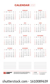 Calendar for 2021 year. Week starts on Sunday. Printable vector stationery design template