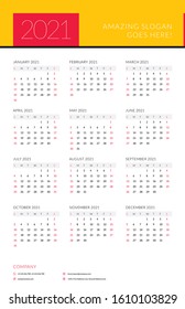 Calendar for 2021 year. Week starts on Sunday. Printable vector stationery design template