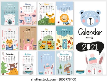 Calendar 2021. Yearly Planner Calendar with all Months. Templates with cute hand drawn animals in Scandinavian style. Vector illustration. Great for kids, nursery, poster and printable.