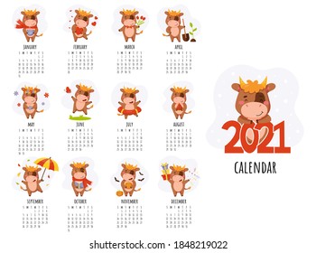 Calendar 2021. Yearly Planner Calendar with all Months. Templates with cute hand drawn bulls in cartoon style. Vector illustration. Great for kids, nursery, poster and printable.