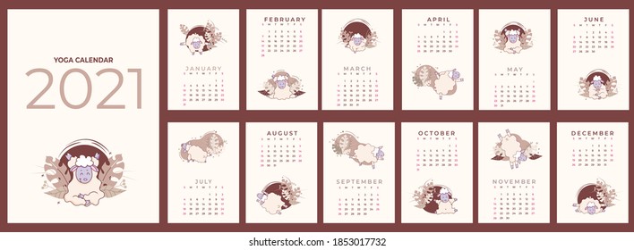 Calendar 2021. Yearly calendar - planner with all months. Conceptual Design - Yoga for Pets. Set of templates for 12 months 2021 with cute sheep meditating, doing yoga and standing in asanas. Vector