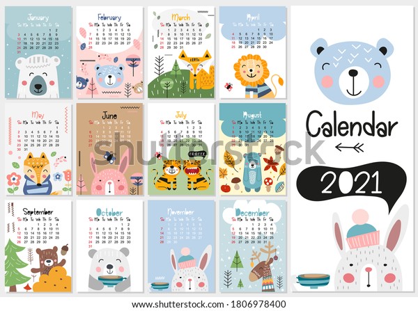 カレンダー21 全月を含む計画カレンダ スカンジナビア風のかわいい手描きの動物のテンプレート ベクターイラスト 子供 保育園 ポスター 印刷可能な画像に最適です のベクター画像素材 ロイヤリティフリー