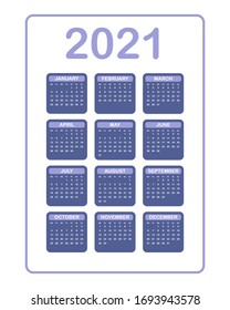 Calendar 2021 yearly. Week starts on Monday. Vector illustration, violet design on white background.
