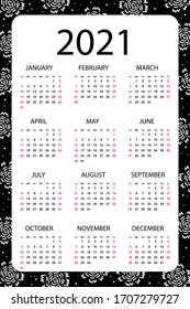 Calendario 2021 anual. La semana empieza el domingo. Ilustración vectorial. Diseño de flores sobre fondo negro.