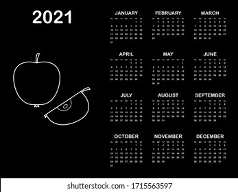 Calendar 2021 yearly. Week starts on Sunday. Vector illustration, black and white design with apple.