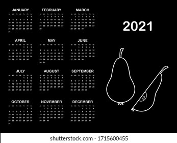 Calendar 2021 yearly. Week starts on Sunday. Vector illustration, black and white design with pear.