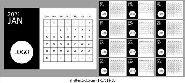 Calendar 2021 yearly. Week starts on Sunday. Vector illustration, black and white design